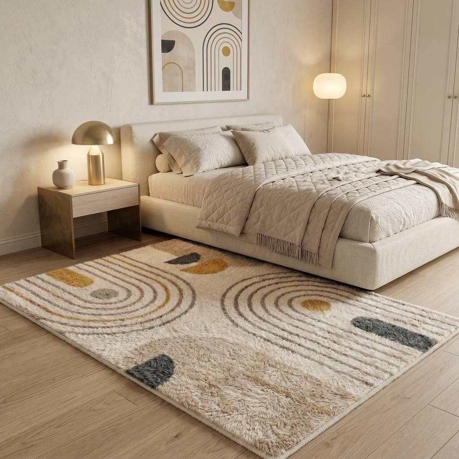 A handmade rug beneath a bed in a calm bedroom