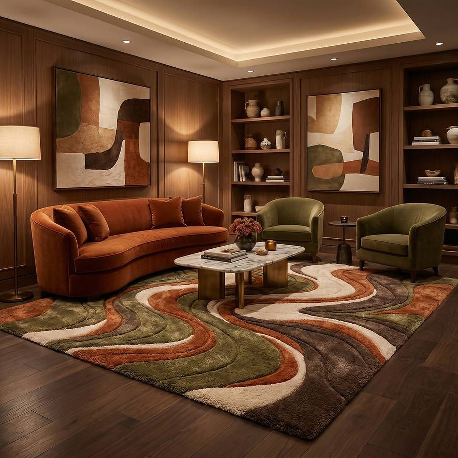 A sculpted wave rug in a panelled sitting room