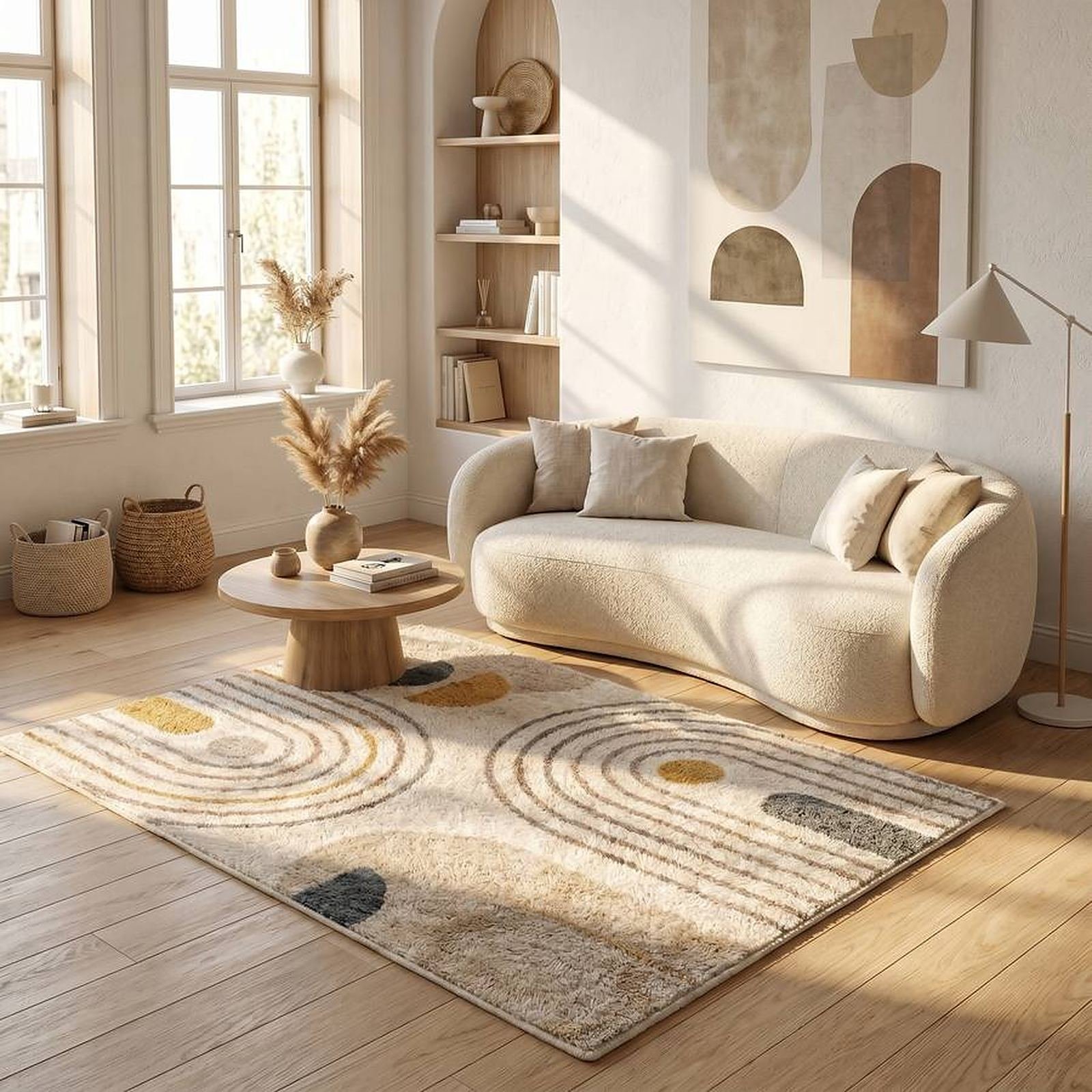 A neutral arc-pattern rug in a sunlit room
