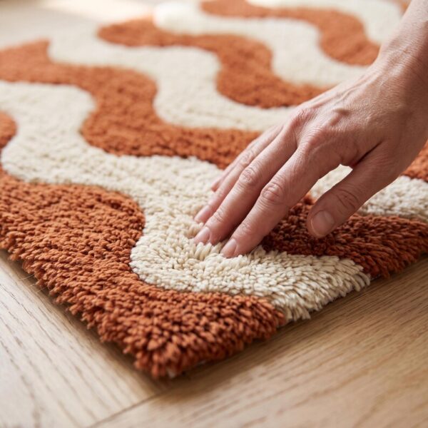 rug Hand Tufted Wool Rug – Terracotta & Cream Wavy Abstract Carpet