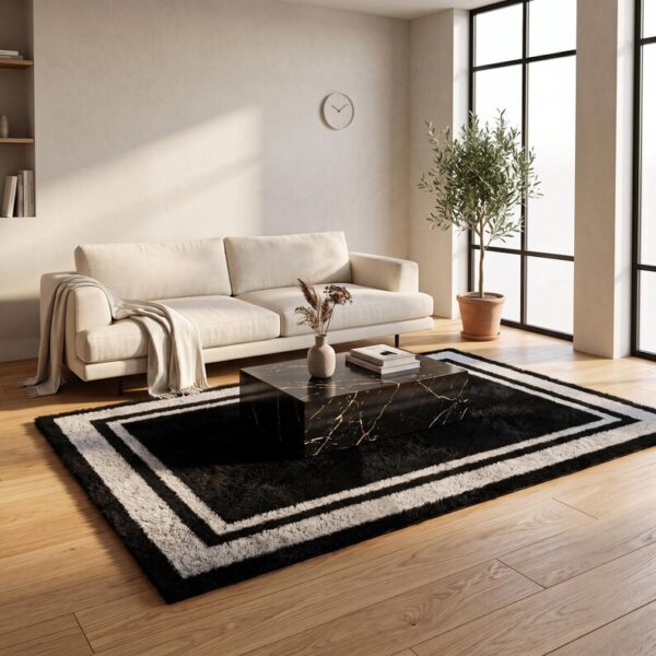 1 Hand Tufted Wool Rug – Black & Grey Border Minimalist Carpet