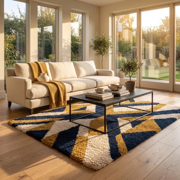 Hand Tufted Wool Rug – Mid-Century Geometric Abstract Burgundy, Ivory & Mustard Carpet (Copy)