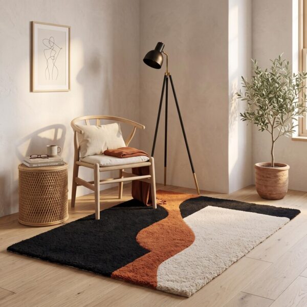 2 Hand Tufted Wool Rug – Black & Terracotta Modern Abstract Carpet