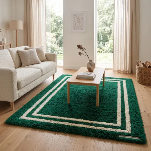 2 Hand Tufted Wool Rug – Emerald Green Border Minimalist Carpet