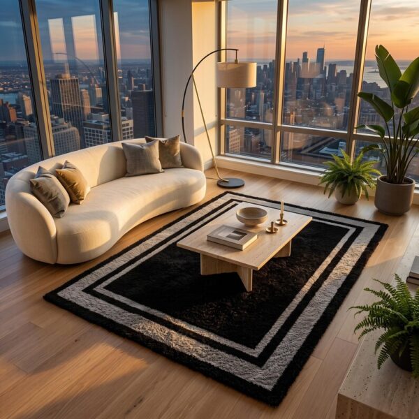 2 Hand Tufted Wool Rug – Black & Grey Border Minimalist Carpet