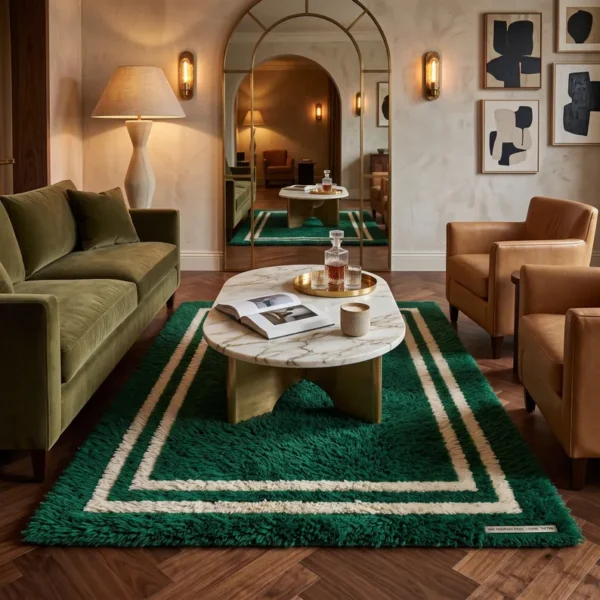 3 Hand Tufted Wool Rug – Emerald Green Border Minimalist Carpet