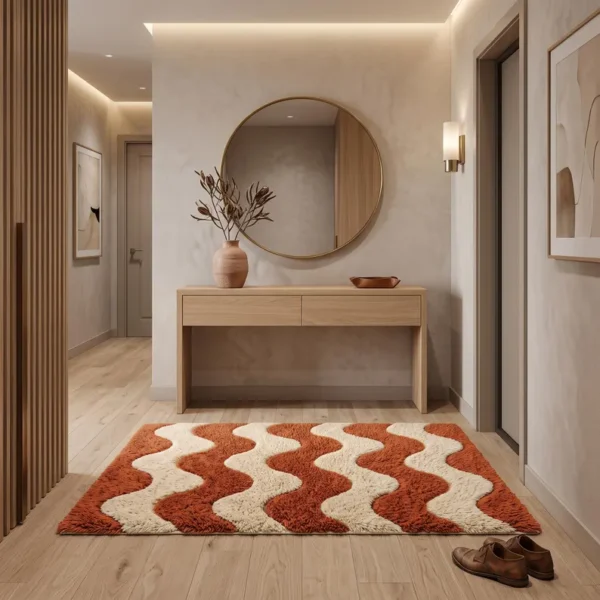 3 Hand Tufted Wool Rug – Terracotta & Cream Wavy Abstract Carpet