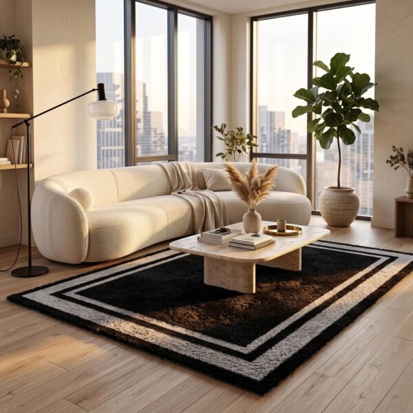 3 Hand Tufted Wool Rug – Black & Grey Border Minimalist Carpet