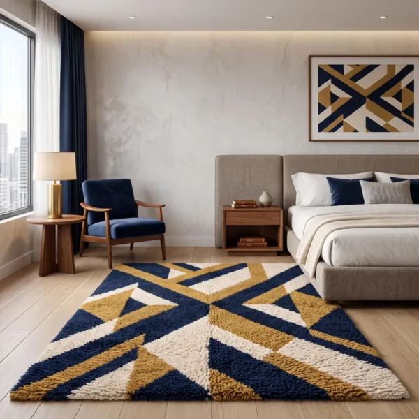 Hand Tufted Wool Rug – Mid-Century Geometric Abstract Burgundy, Ivory & Mustard Carpet (Copy)