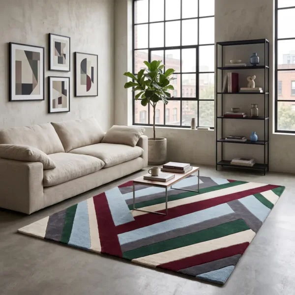4 Hand Tufted Wool Rug – Multicolor Geometric Abstract Carpet