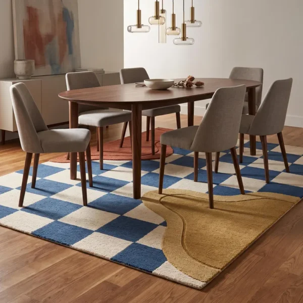 1 Hand Tufted Wool Rug – Blue & Ivory Abstract Checkerboard Carpet