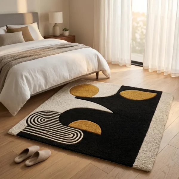 Hand Tufted Wool Rug – Black, Cream & Mustard Abstract Geometric