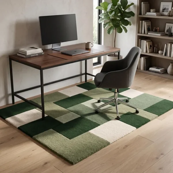 Green Patchwork Wool Rug – Hand Tufted Plush High Pile Area Rug