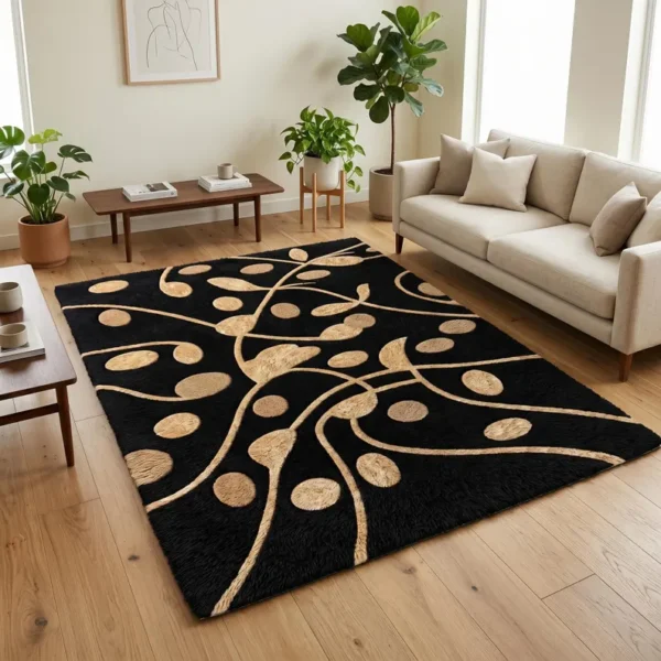 1 Abstract Botanical Wool Rug – Black & Beige Hand Tufted Area Rug