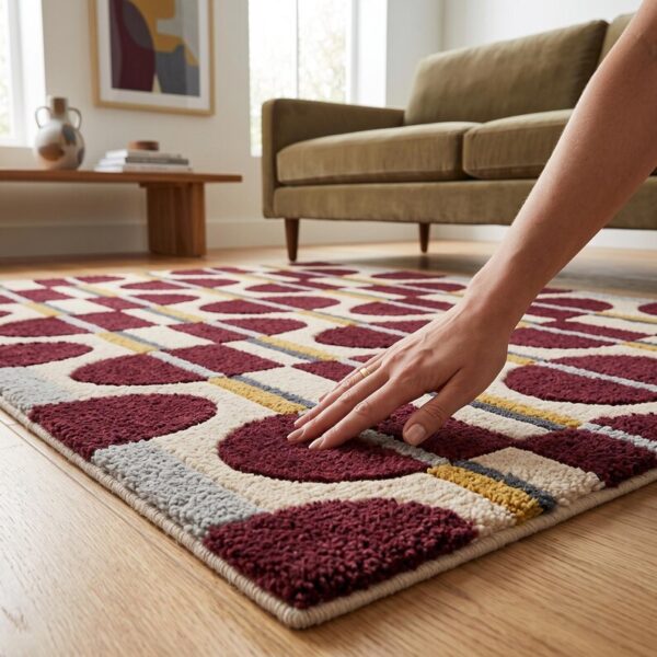 1 Hand Tufted Wool Rug – Mid-Century Geometric Abstract Burgundy, Ivory & Mustard Carpet (Copy)