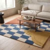 2 Hand Tufted Wool Rug – Blue & Ivory Abstract Checkerboard Carpet