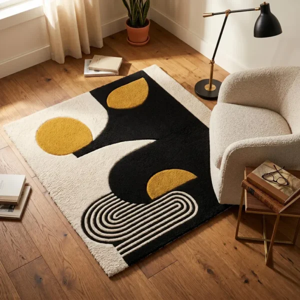 Hand Tufted Wool Rug – Black, Cream & Mustard Abstract Geometric