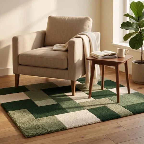 Green Patchwork Wool Rug – Hand Tufted Plush High Pile Area Rug