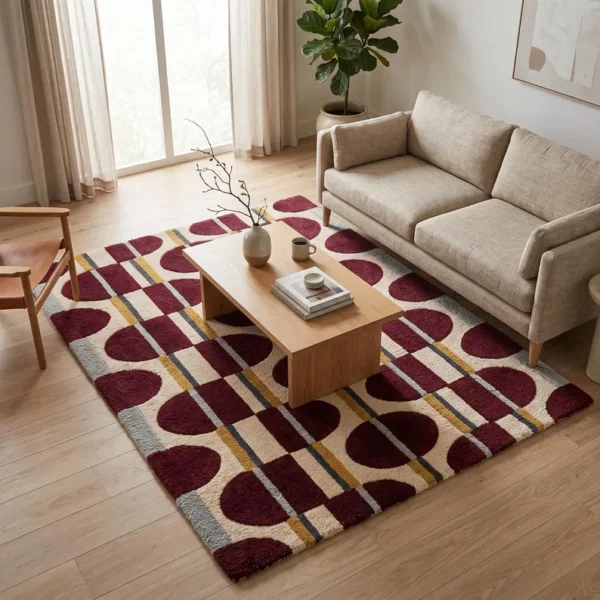 2 Hand Tufted Wool Rug – Mid-Century Geometric Abstract Burgundy, Ivory & Mustard Carpet (Copy)