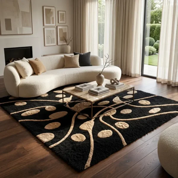 2 Abstract Botanical Wool Rug – Black & Beige Hand Tufted Area Rug