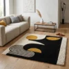 Hand Tufted Wool Rug – Black, Cream & Mustard Abstract Geometric