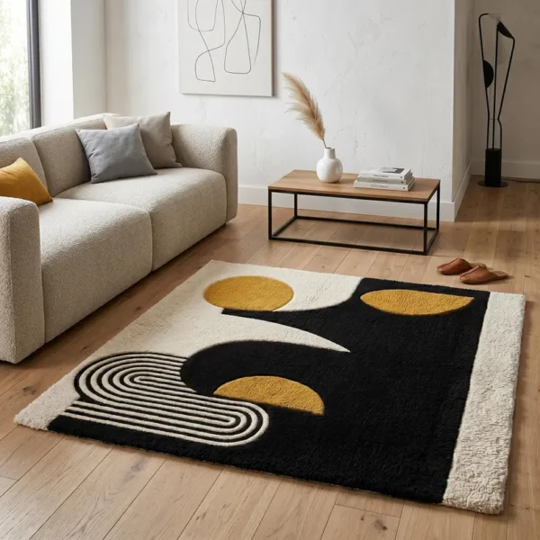 Hand Tufted Wool Rug – Black, Cream & Mustard Abstract Geometric
