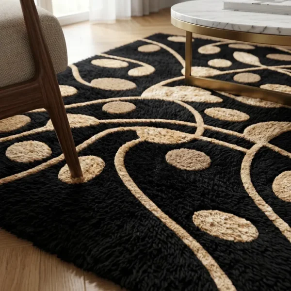 3 Abstract Botanical Wool Rug – Black & Beige Hand Tufted Area Rug