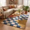 4 Hand Tufted Wool Rug – Blue & Ivory Abstract Checkerboard Carpet