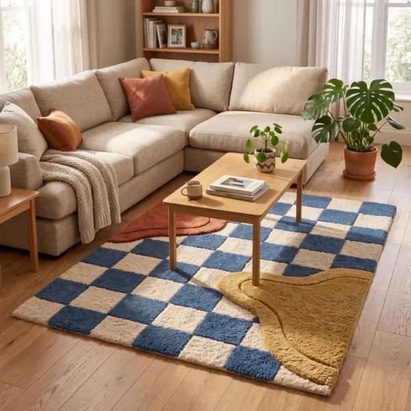 4 Hand Tufted Wool Rug – Blue & Ivory Abstract Checkerboard Carpet