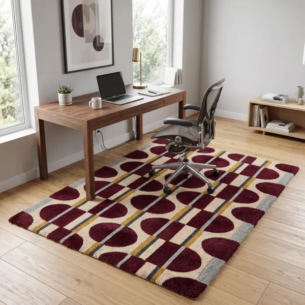 4 Hand Tufted Wool Rug – Mid-Century Geometric Abstract Burgundy, Ivory & Mustard Carpet (Copy)
