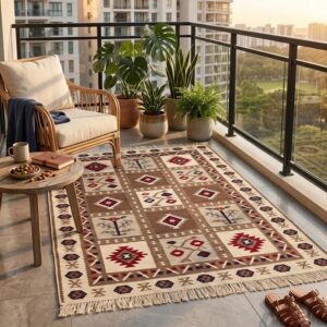 home Handwoven Kilim Rug: Southwestern Tribal Pattern – Wool & Cotton