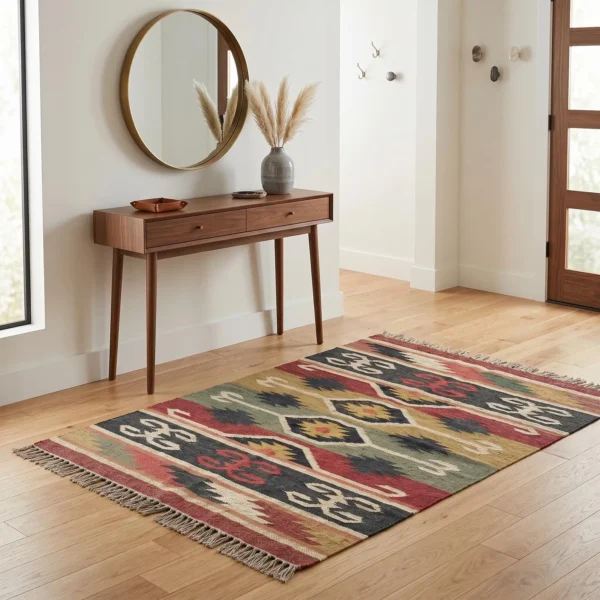Handwoven Southwestern Cotton Durrie Rug – Tribal Flatweave Bohemian Area Rug with Earthy Geometric Pattern