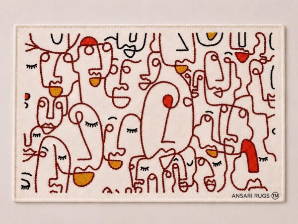 Abstract Faces Wool Rug – Hand-Tufted Terracotta & Cream Modern Art Area Rug