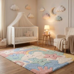 Cloud & Star Nursery Rug – Hand-Tufted Pastel Rainbow Kids Area Rug